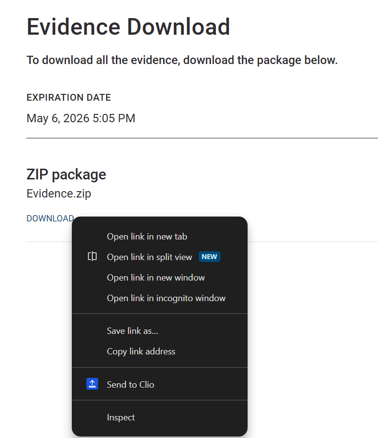 Right-click context menu showing Send to Clio option