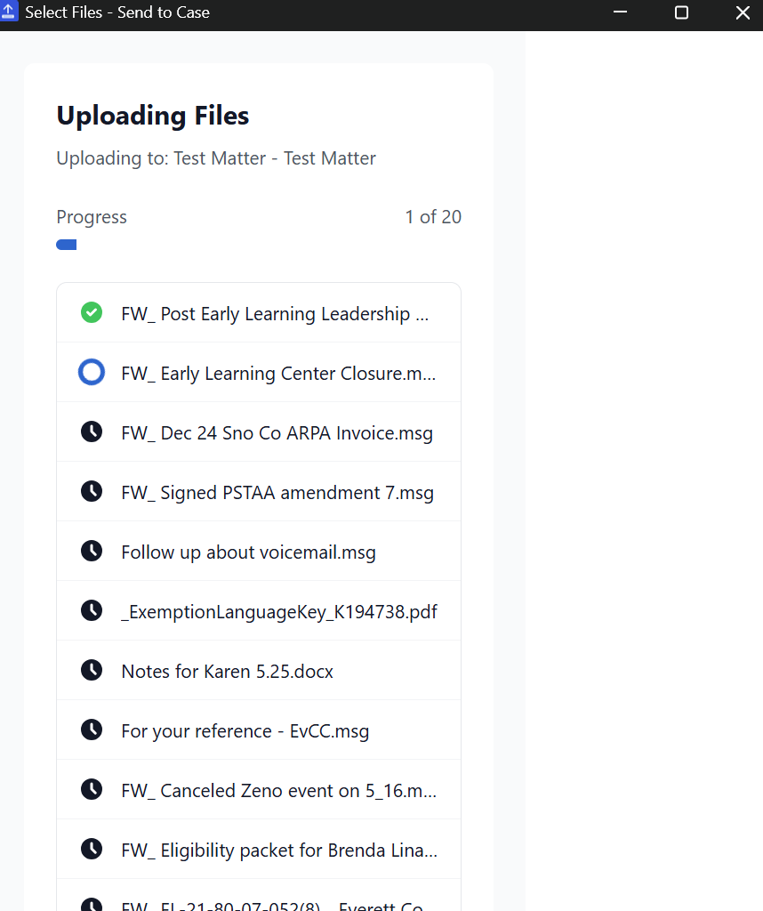 Upload progress showing files being uploaded to Clio matter
